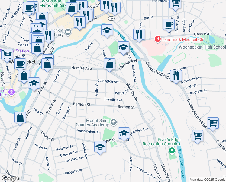 map of restaurants, bars, coffee shops, grocery stores, and more near 61 Roberts Street in Woonsocket