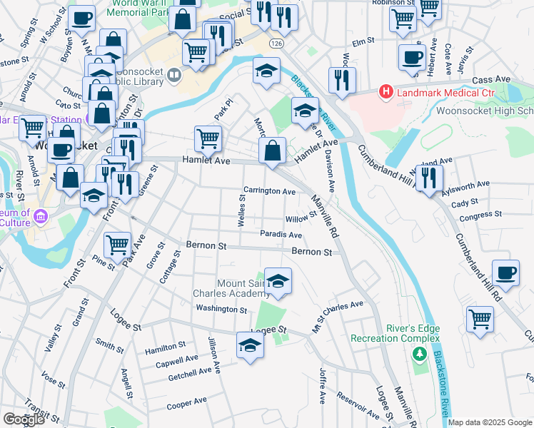 map of restaurants, bars, coffee shops, grocery stores, and more near 61 Roberts Street in Woonsocket