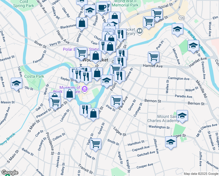 map of restaurants, bars, coffee shops, grocery stores, and more near in Woonsocket