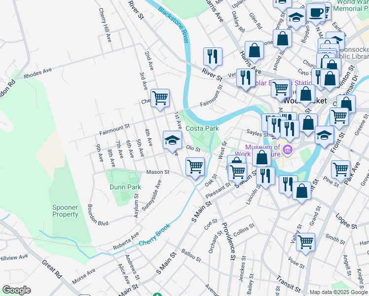 map of restaurants, bars, coffee shops, grocery stores, and more near 149 2nd Avenue in Woonsocket