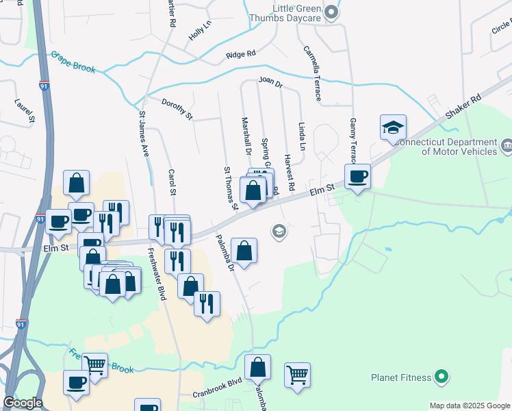 map of restaurants, bars, coffee shops, grocery stores, and more near 171 Elm Street in Enfield