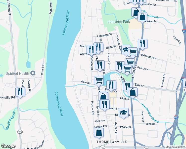 map of restaurants, bars, coffee shops, grocery stores, and more near 22h Pleasant Street in Enfield