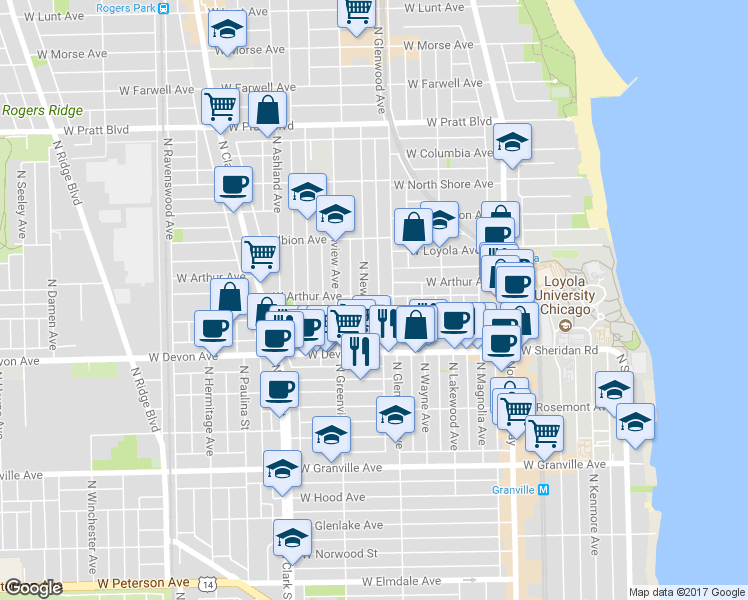 map of restaurants, bars, coffee shops, grocery stores, and more near 6504 North Glenwood Avenue in Chicago