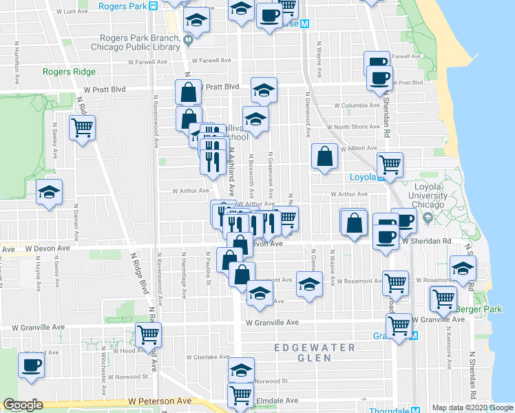map of restaurants, bars, coffee shops, grocery stores, and more near in Chicago