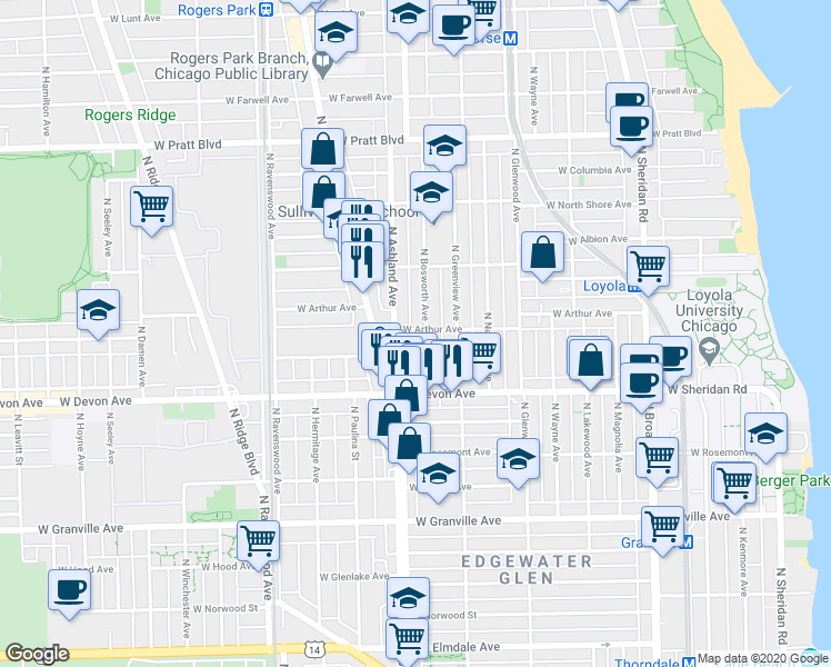 map of restaurants, bars, coffee shops, grocery stores, and more near in Chicago