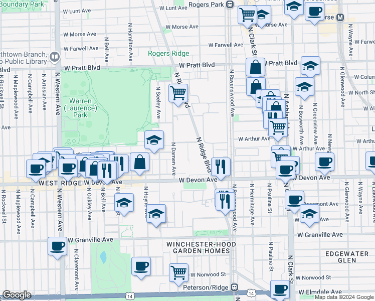 map of restaurants, bars, coffee shops, grocery stores, and more near in Chicago