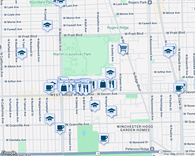 map of restaurants, bars, coffee shops, grocery stores, and more near 6510 North Hamilton Avenue in Chicago