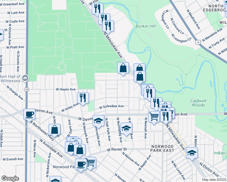 map of restaurants, bars, coffee shops, grocery stores, and more near 6669 West Hayes Avenue in Chicago