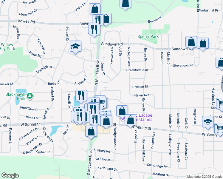 map of restaurants, bars, coffee shops, grocery stores, and more near 1104 Manchester Court in South Elgin