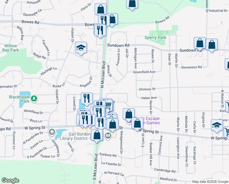 map of restaurants, bars, coffee shops, grocery stores, and more near 1104 Manchester Court in South Elgin