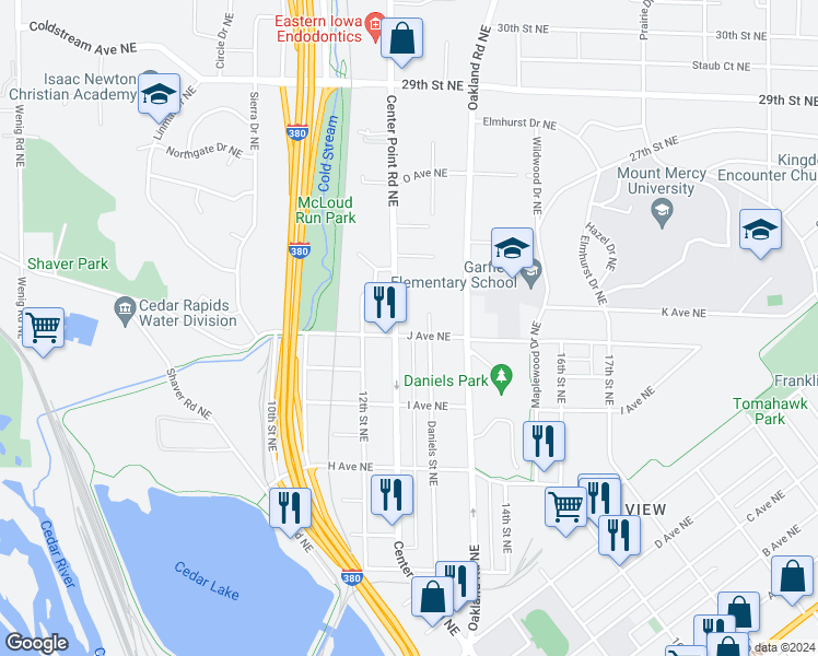map of restaurants, bars, coffee shops, grocery stores, and more near 1308 J Avenue Northeast in Cedar Rapids