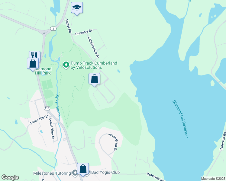 map of restaurants, bars, coffee shops, grocery stores, and more near 80 Fisher Road in Cumberland