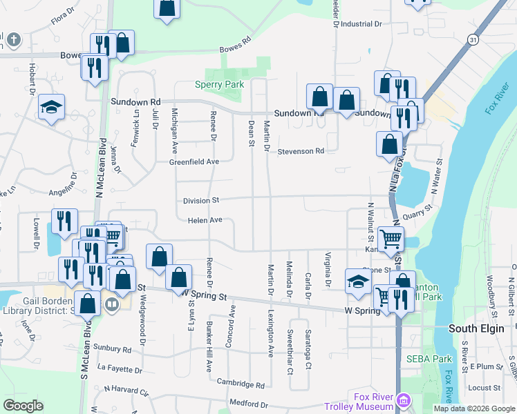 map of restaurants, bars, coffee shops, grocery stores, and more near 560 Dean Street in South Elgin