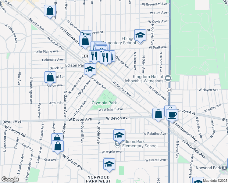 map of restaurants, bars, coffee shops, grocery stores, and more near 6553 North Avondale Avenue in Chicago