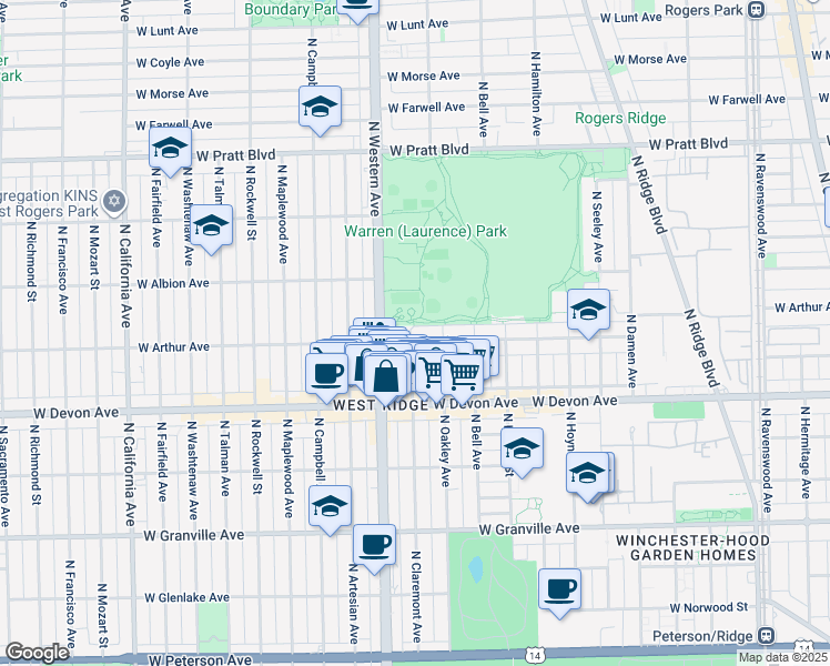 map of restaurants, bars, coffee shops, grocery stores, and more near 6501 North Claremont Avenue in Chicago