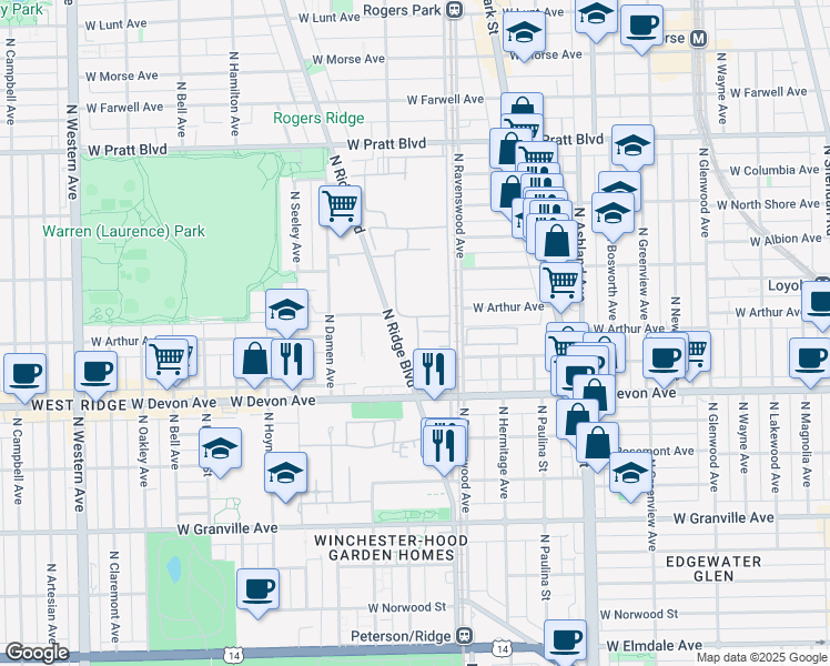 map of restaurants, bars, coffee shops, grocery stores, and more near 6467 North Ridge Boulevard in Chicago