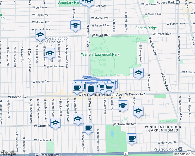 map of restaurants, bars, coffee shops, grocery stores, and more near 6501 North Claremont Avenue in Chicago