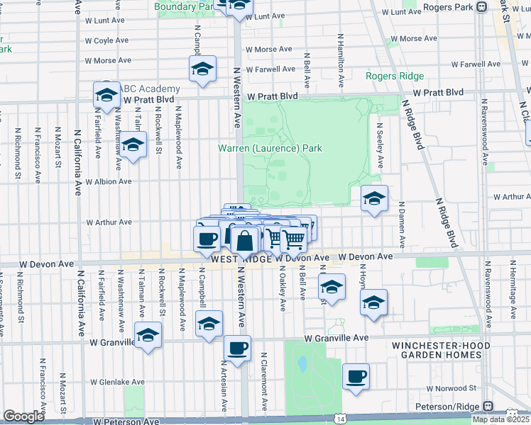 map of restaurants, bars, coffee shops, grocery stores, and more near 6501 North Claremont Avenue in Chicago