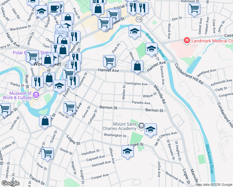 map of restaurants, bars, coffee shops, grocery stores, and more near 302 Willow Street in Woonsocket