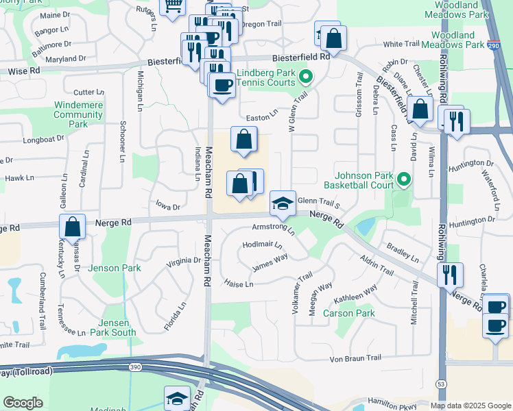 map of restaurants, bars, coffee shops, grocery stores, and more near 1524 Nerge Road in Elk Grove Village