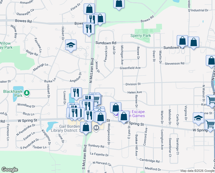 map of restaurants, bars, coffee shops, grocery stores, and more near 1042 Manchester Court in South Elgin