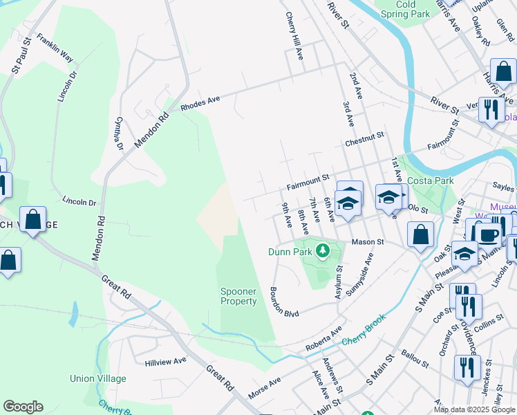 map of restaurants, bars, coffee shops, grocery stores, and more near 70 11th Avenue in Woonsocket
