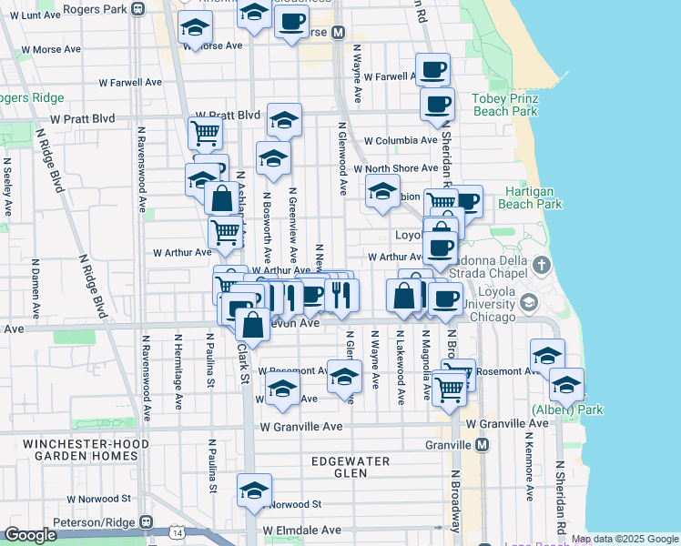 map of restaurants, bars, coffee shops, grocery stores, and more near 6504 North Glenwood Avenue in Chicago