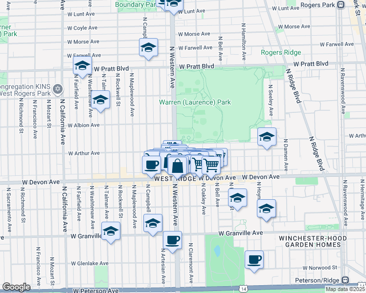 map of restaurants, bars, coffee shops, grocery stores, and more near 6507 North Claremont Avenue in Chicago