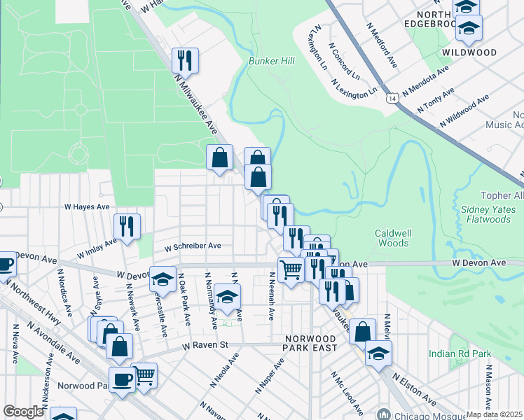 map of restaurants, bars, coffee shops, grocery stores, and more near 6525 North Nashville Avenue in Chicago