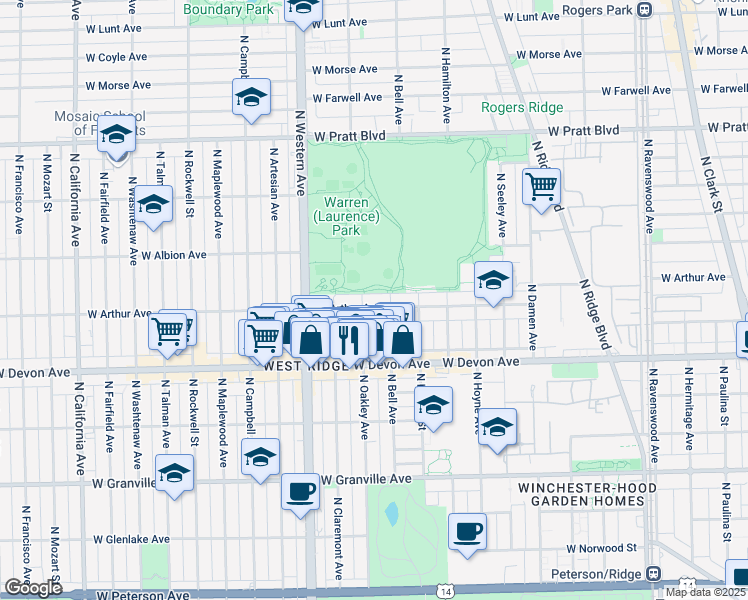 map of restaurants, bars, coffee shops, grocery stores, and more near 2248 West Arthur Avenue in Chicago