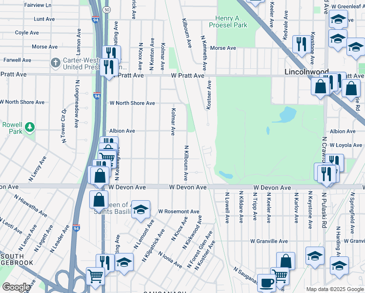 map of restaurants, bars, coffee shops, grocery stores, and more near 6549 North Kilbourn Avenue in Lincolnwood
