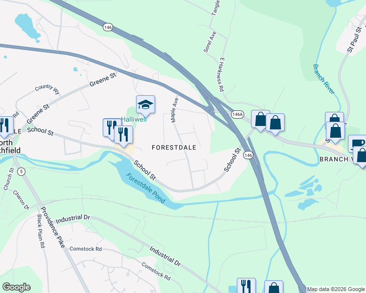 map of restaurants, bars, coffee shops, grocery stores, and more near Maple Avenue in North Smithfield