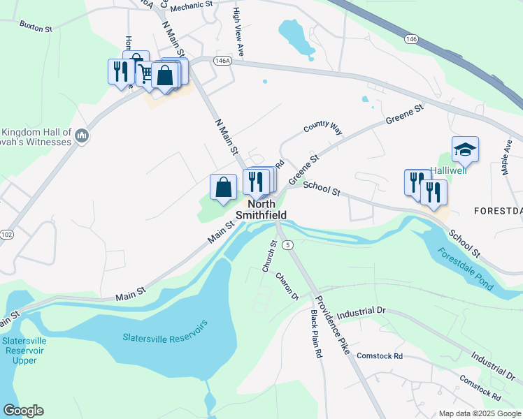 map of restaurants, bars, coffee shops, grocery stores, and more near in North Smithfield