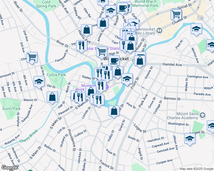 map of restaurants, bars, coffee shops, grocery stores, and more near 90 Bernon Street in Woonsocket