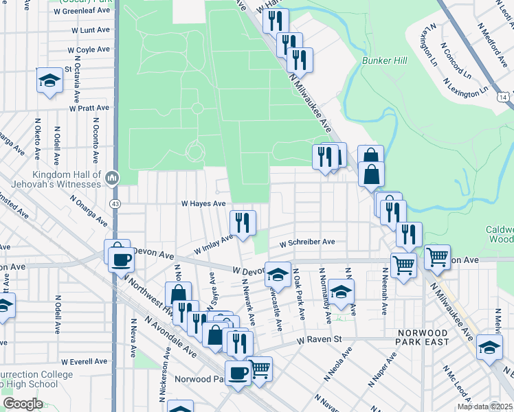 map of restaurants, bars, coffee shops, grocery stores, and more near 6441 North New England Avenue in Chicago