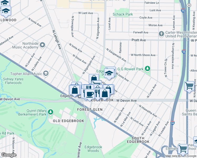 map of restaurants, bars, coffee shops, grocery stores, and more near 6525 North Hiawatha Avenue in Chicago