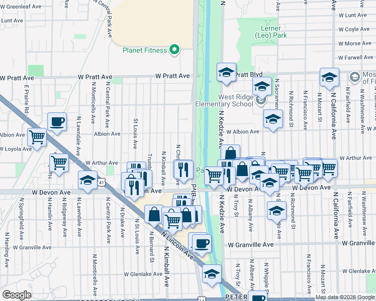 map of restaurants, bars, coffee shops, grocery stores, and more near 6525 North Christiana Avenue in Lincolnwood
