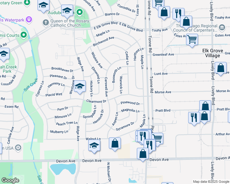 map of restaurants, bars, coffee shops, grocery stores, and more near 1193 Bosworth Lane in Elk Grove Village