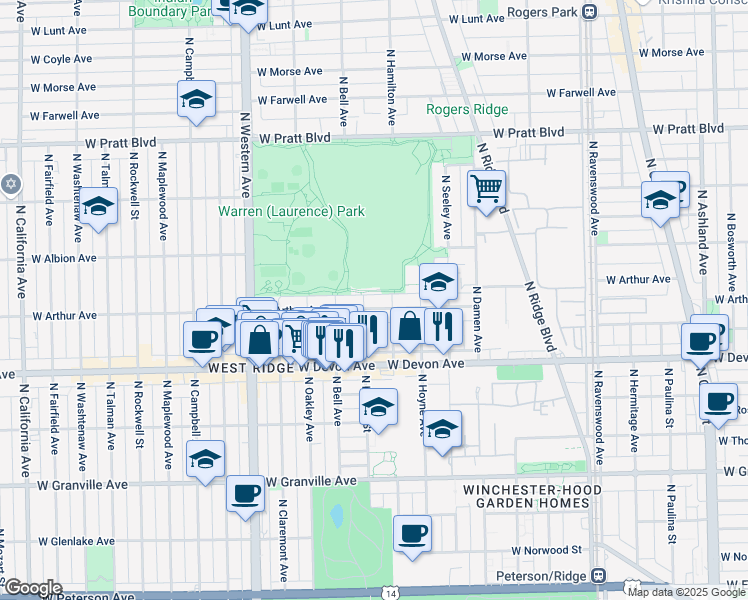 map of restaurants, bars, coffee shops, grocery stores, and more near 2150 West Arthur Avenue in Chicago