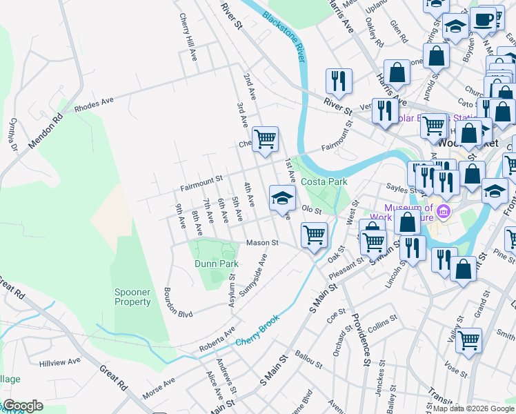map of restaurants, bars, coffee shops, grocery stores, and more near 126 3rd Avenue in Woonsocket