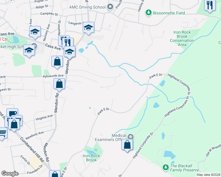 map of restaurants, bars, coffee shops, grocery stores, and more near 72 Spring Water Drive in Woonsocket