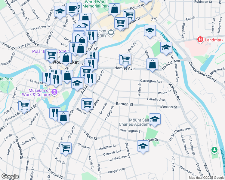 map of restaurants, bars, coffee shops, grocery stores, and more near 191 Grove Street in Woonsocket