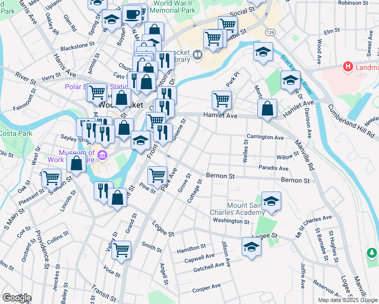 map of restaurants, bars, coffee shops, grocery stores, and more near 183 Park Avenue in Woonsocket