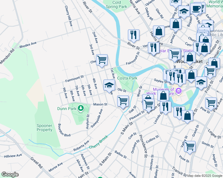 map of restaurants, bars, coffee shops, grocery stores, and more near 149 2nd Avenue in Woonsocket
