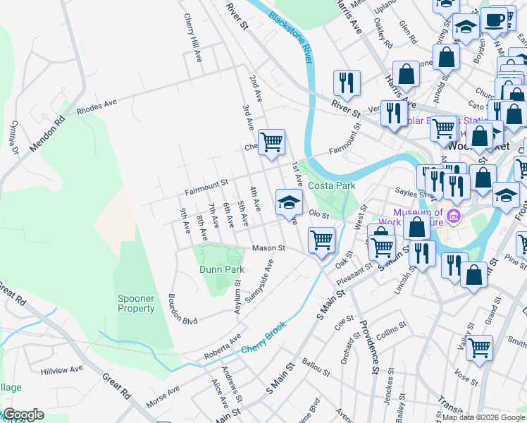 map of restaurants, bars, coffee shops, grocery stores, and more near 126 3rd Avenue in Woonsocket