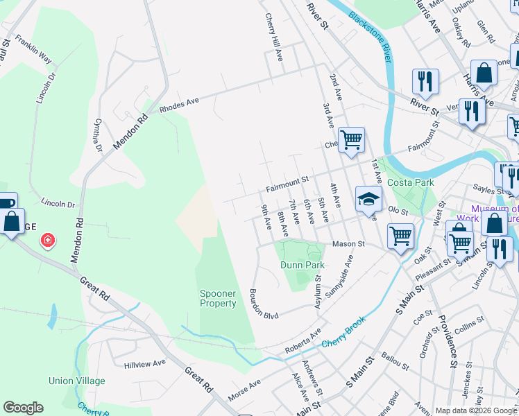 map of restaurants, bars, coffee shops, grocery stores, and more near 418 9th Avenue in Woonsocket