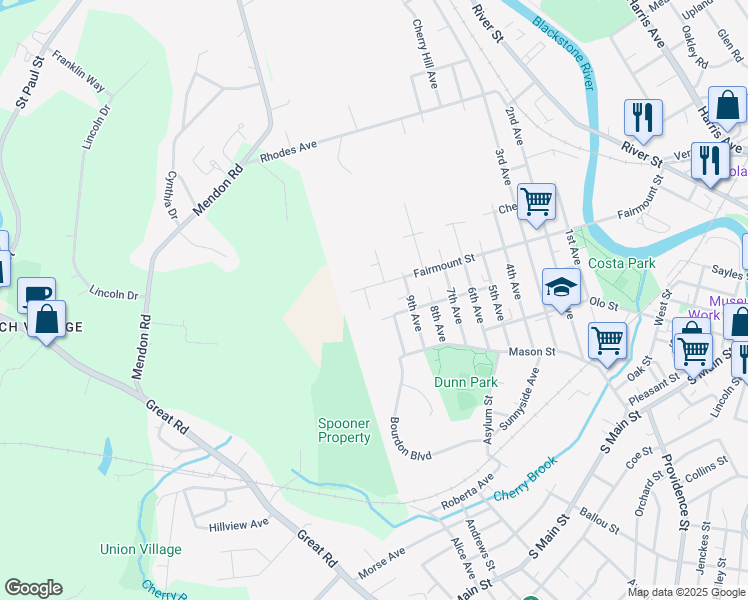 map of restaurants, bars, coffee shops, grocery stores, and more near 70 11th Avenue in Woonsocket