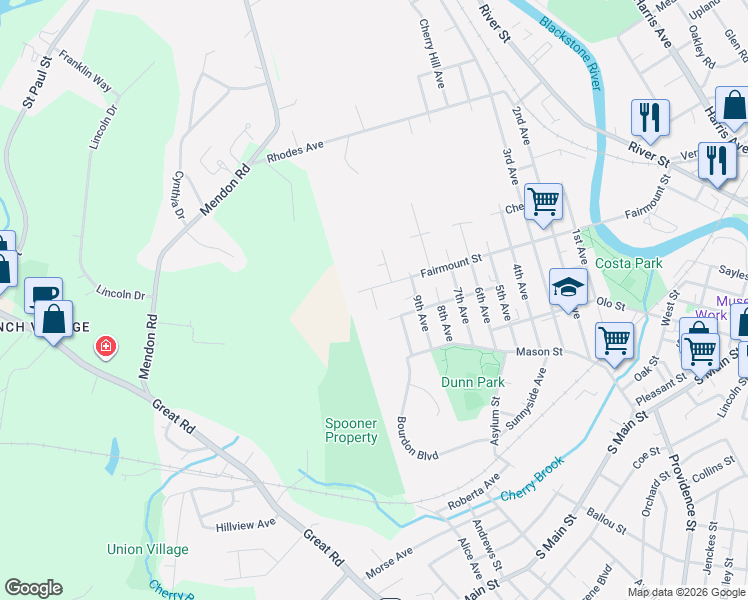 map of restaurants, bars, coffee shops, grocery stores, and more near 70 11th Avenue in Woonsocket