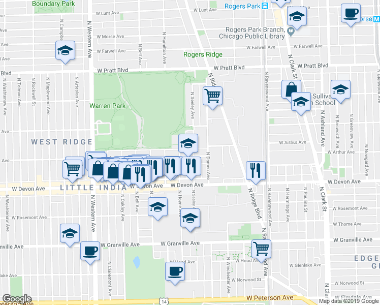 map of restaurants, bars, coffee shops, grocery stores, and more near 2020 West Arthur Avenue in Chicago
