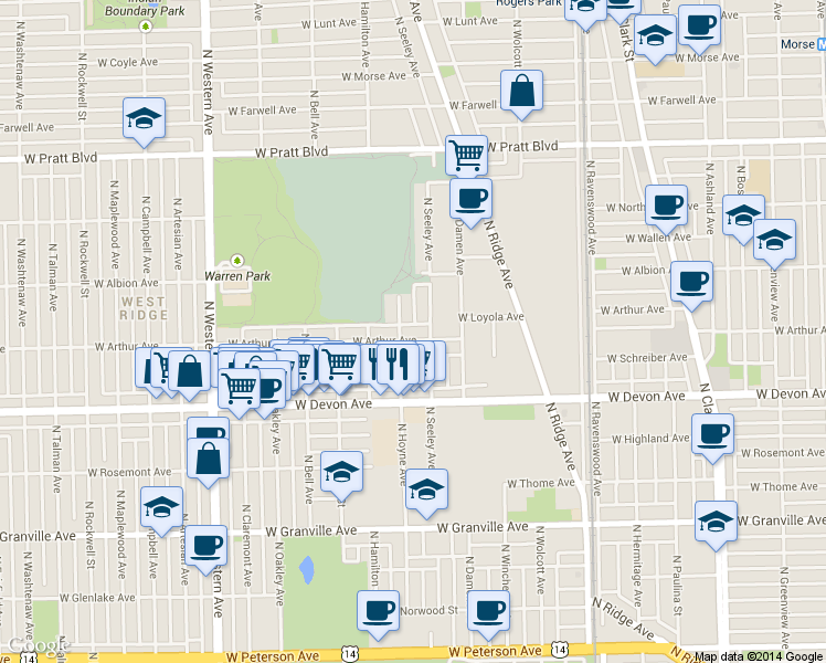 map of restaurants, bars, coffee shops, grocery stores, and more near 6505 North Hoyne Avenue in Chicago